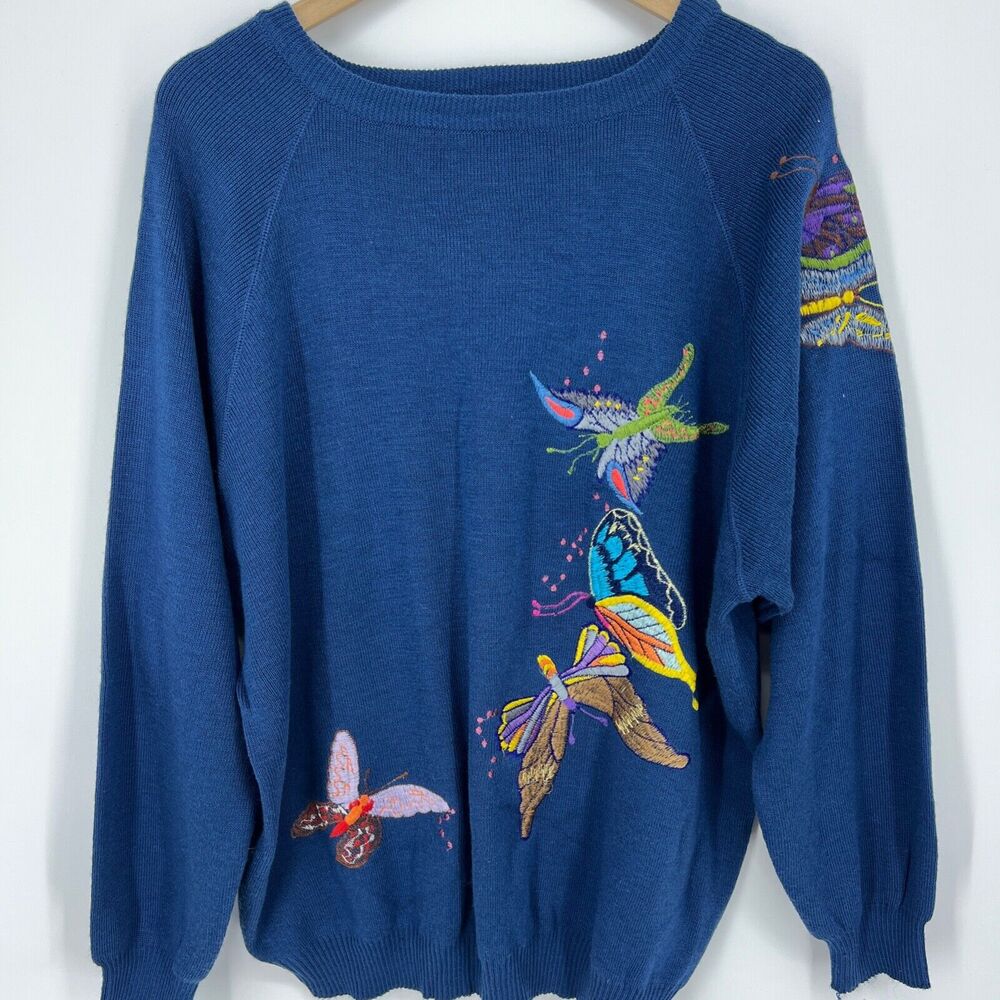 Vintage Cyn Les Shirlee Embroidered BUTTERFLY Sweater Blue Size 22